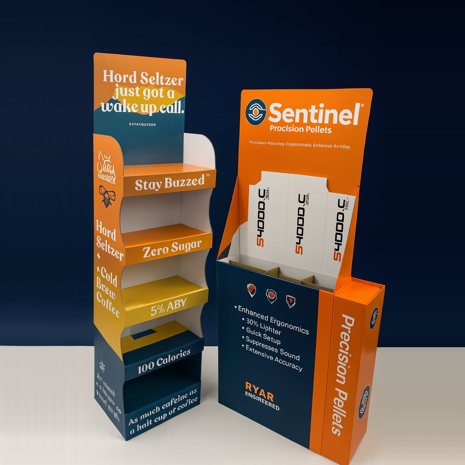 Présentoirs<br><br><font style="font-size:12px;">Présentoirs en carton, Frontons & Graphismes au sol</font>